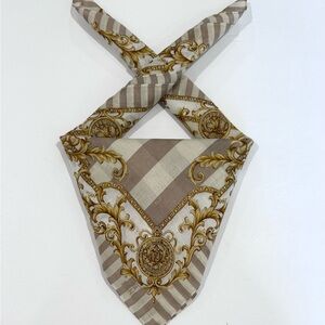 FENDI Men Handkerchief Brown Gold Striped Baroque  Cotton Pocket Square 20”